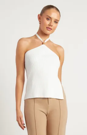 Wooden Bead Detail Halter Knit Top - White