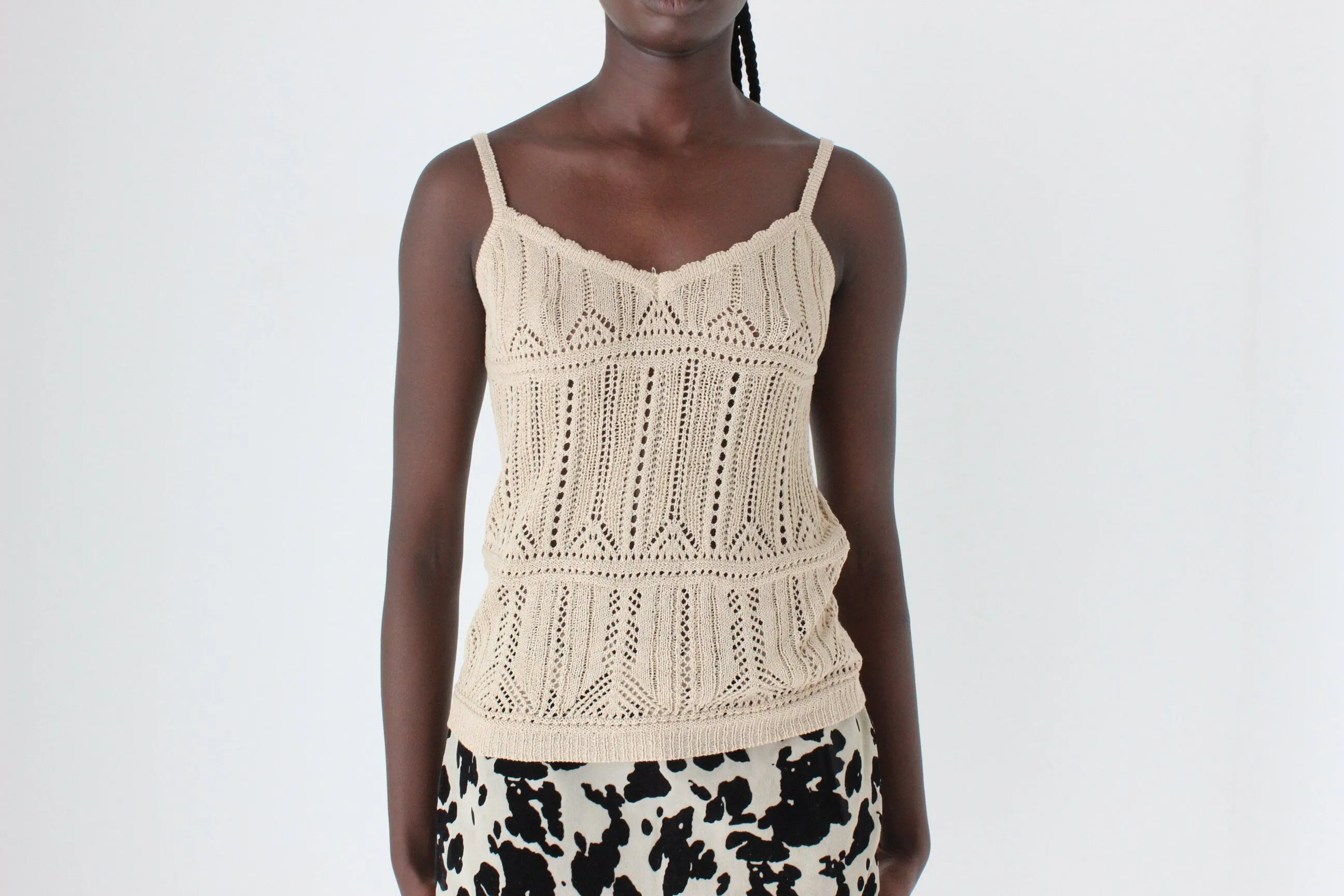 Y2K Textured Knit Beige Crochet Tank