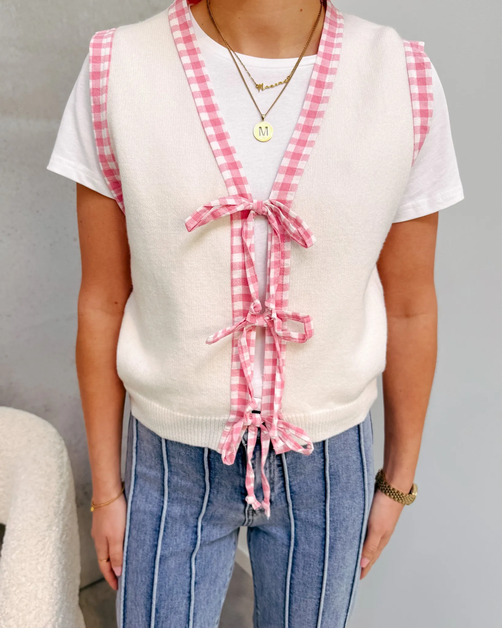 YARA CHECKED BOW GILET - WHITE/PINK