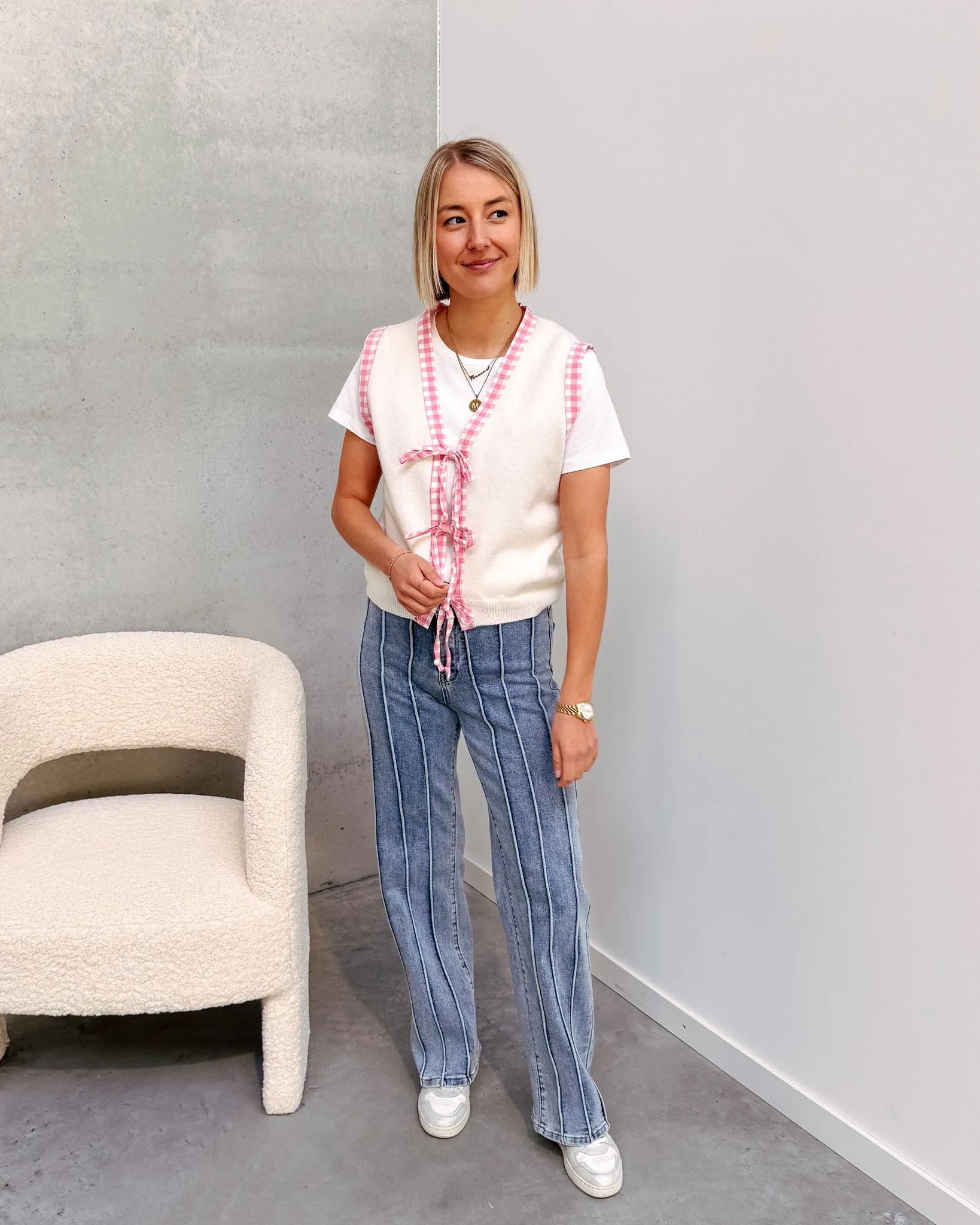 YARA CHECKED BOW GILET - WHITE/PINK