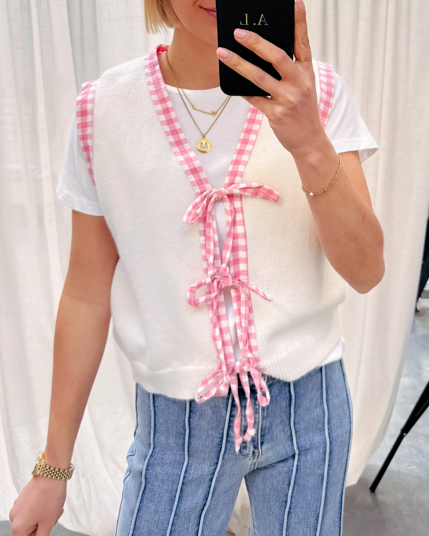 YARA CHECKED BOW GILET - WHITE/PINK