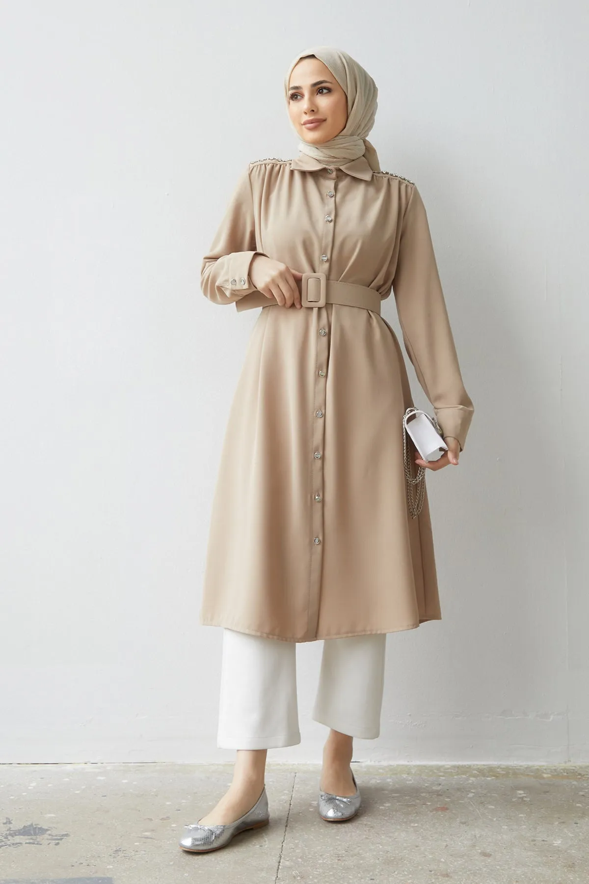 ZRF Women Belted Shoulder Stone Tunic - Beige - El Cajon