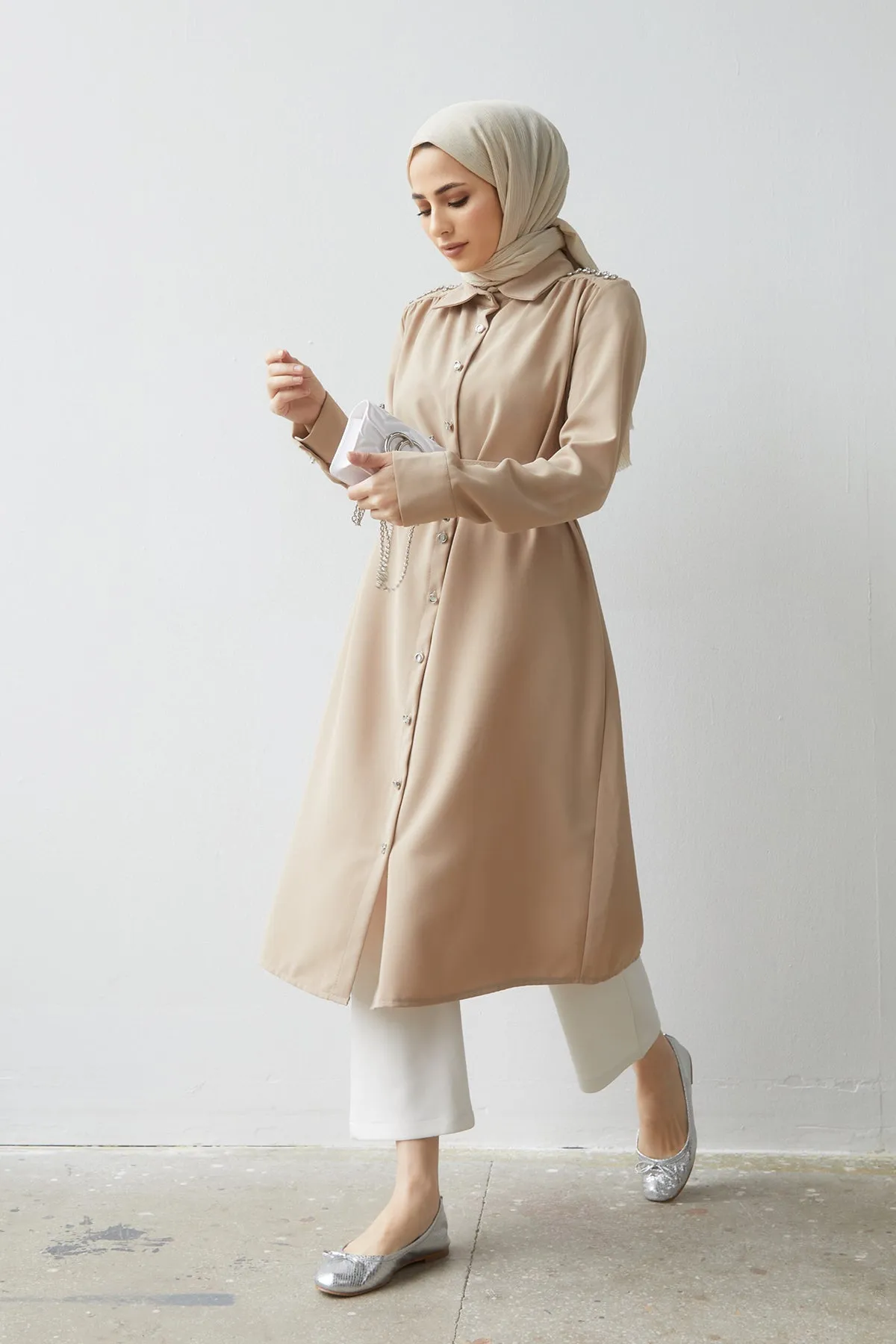 ZRF Women Belted Shoulder Stone Tunic - Beige - El Cajon