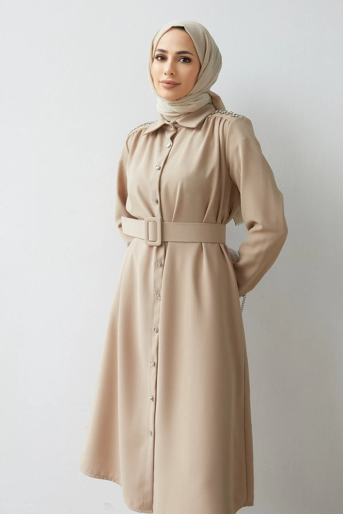 ZRF Women Belted Shoulder Stone Tunic - Beige - El Cajon