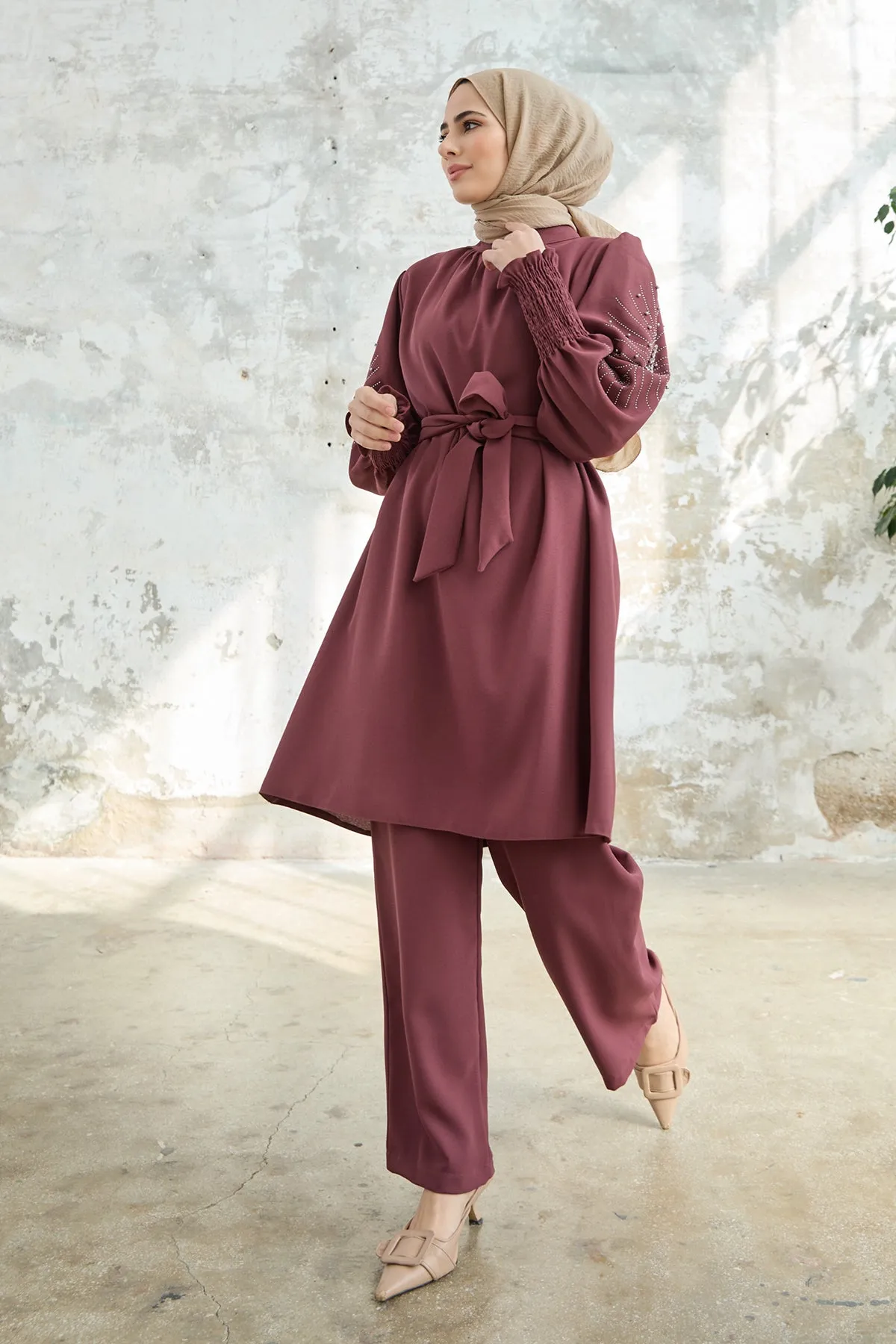 ZRF Women Stone-embroidered Set with Sleeves - Rose Pink - Rovenky