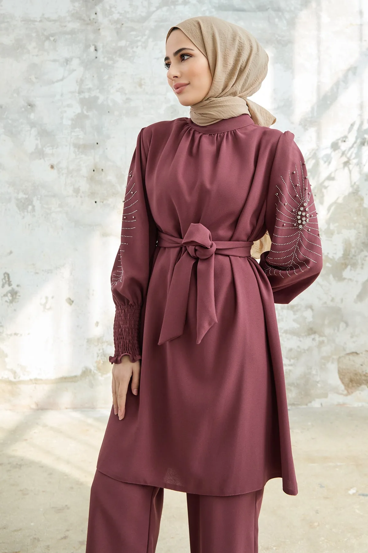 ZRF Women Stone-embroidered Set with Sleeves - Rose Pink - Rovenky